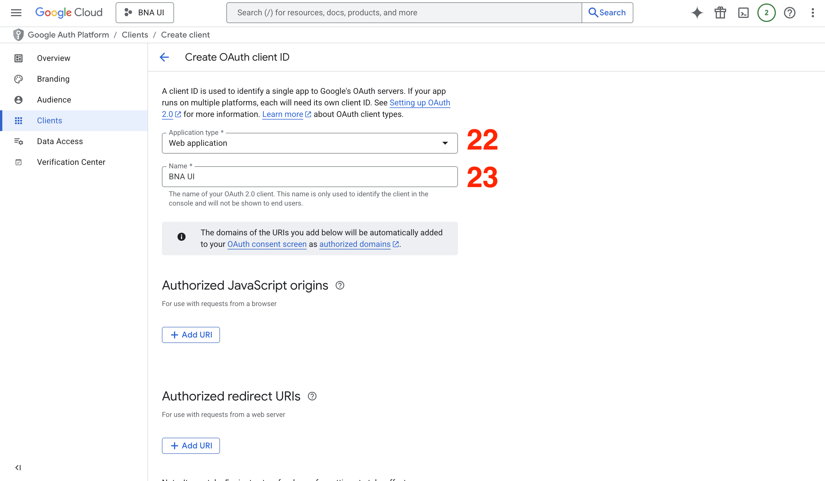 Creating an OAuth client ID with Web application type